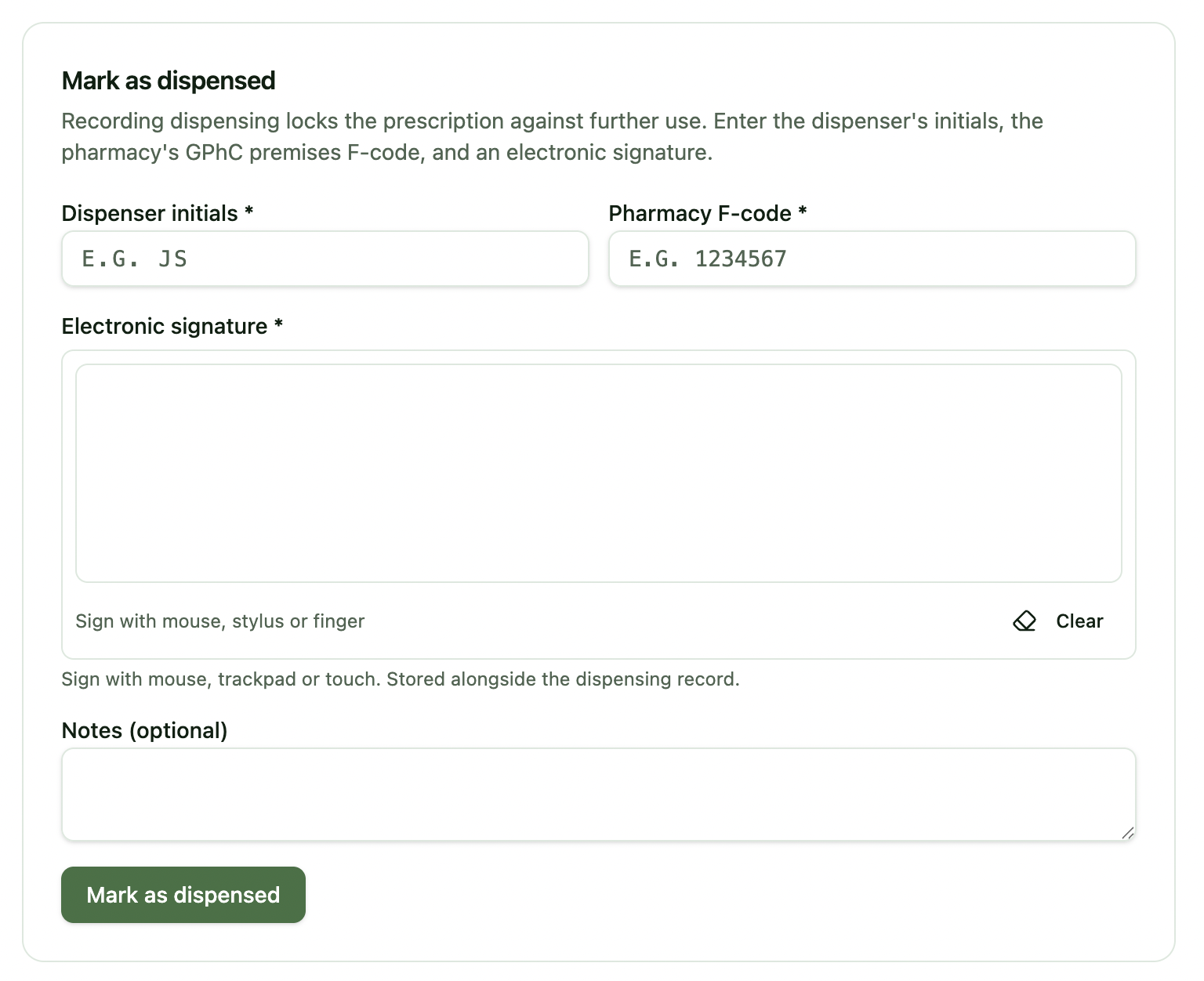 Pharmacy dispensing form with initials, pharmacy F-code and electronic signature