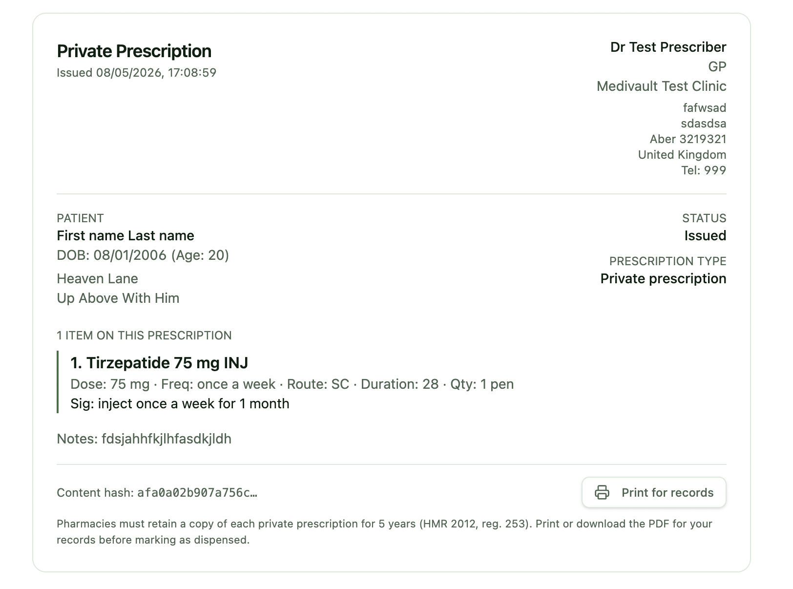 Pharmacy view of the private prescription with prescriber and patient details