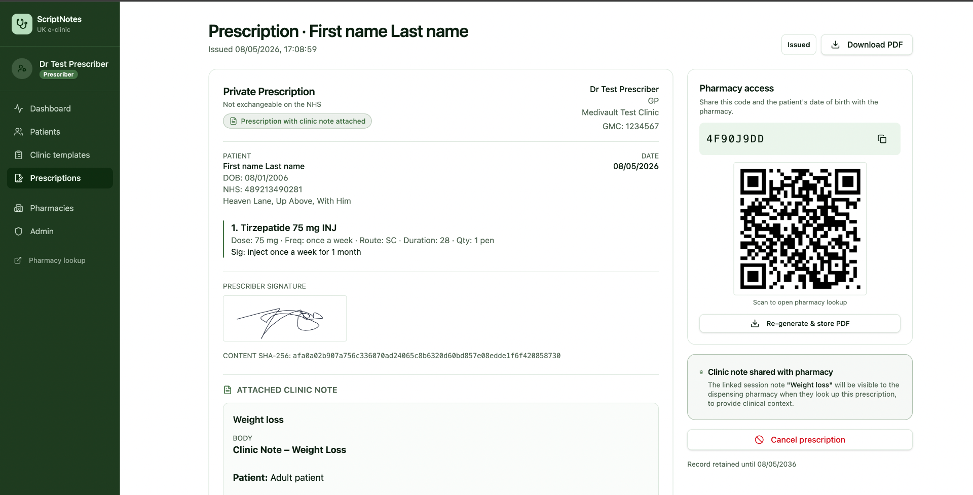Signed private prescription with QR pharmacy access code and attached clinic note